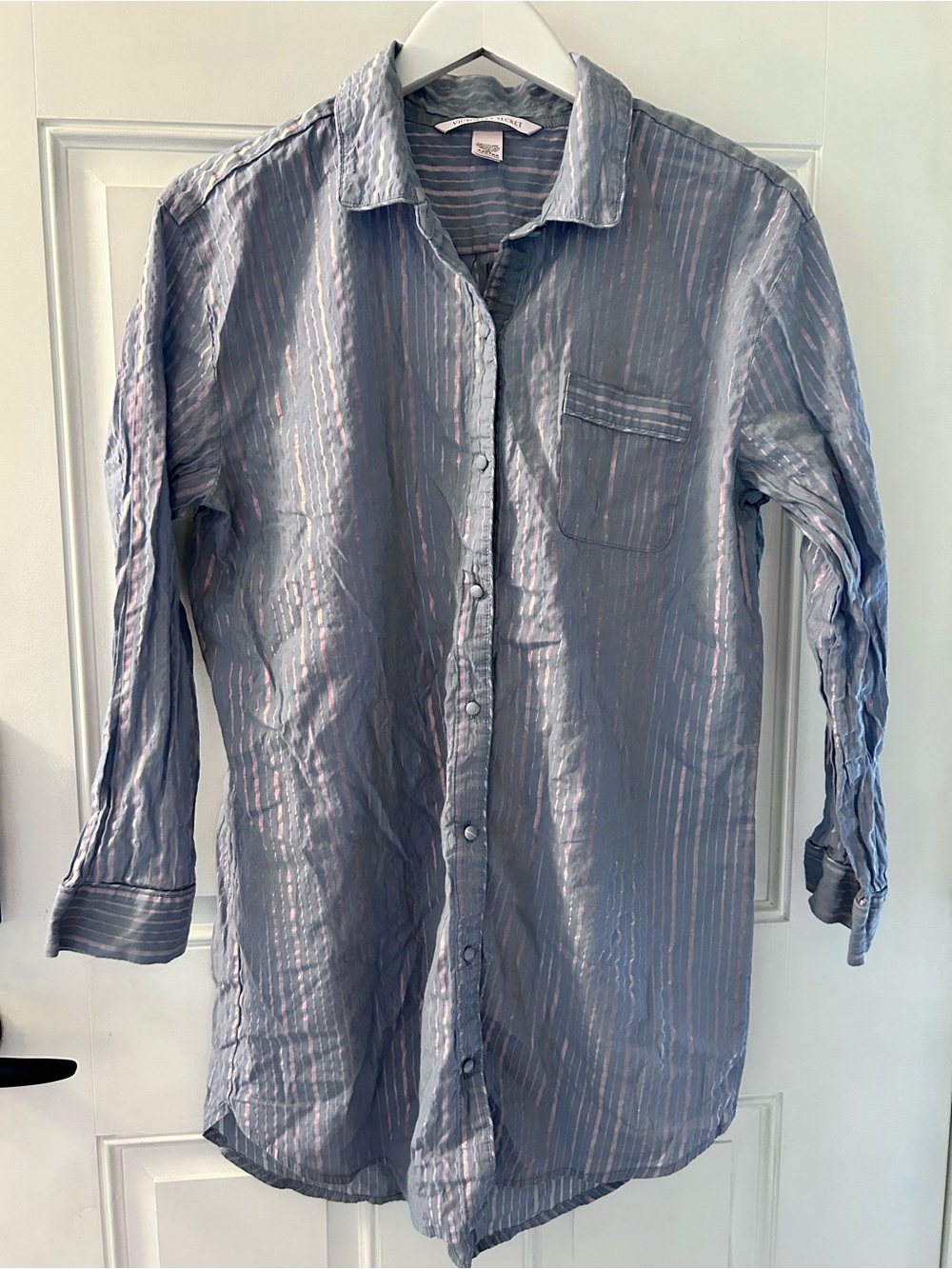 Victoria's Secret Blue and Pink Striped Satin Pajama Shirt